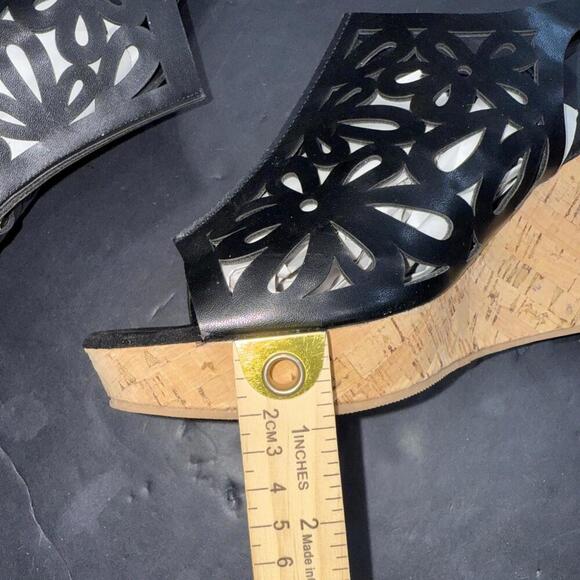 Pierre Dumas Black Tooled Faux Leather Classic Chic Boho Wedge Sandal Platform - Picture 11 of 15